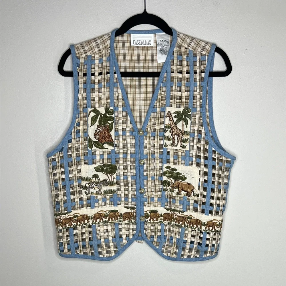 Vintage Casey & Max Patchwork Safari Animals Lattice And Plaid Cotton Linen Vest